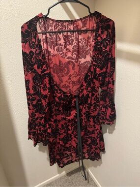 Black Floral Burnout Velvet Red Sheer Dress